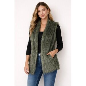 Via Spiga Faux Fur Feather Vest Women XS Olive Green Open Front Outdoor Chic